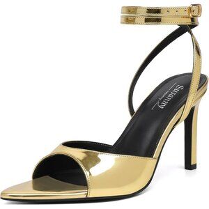 Women's Gold Black Open Toe Strappy Block Ankle Strap Hight Heeled Sandals Shoes